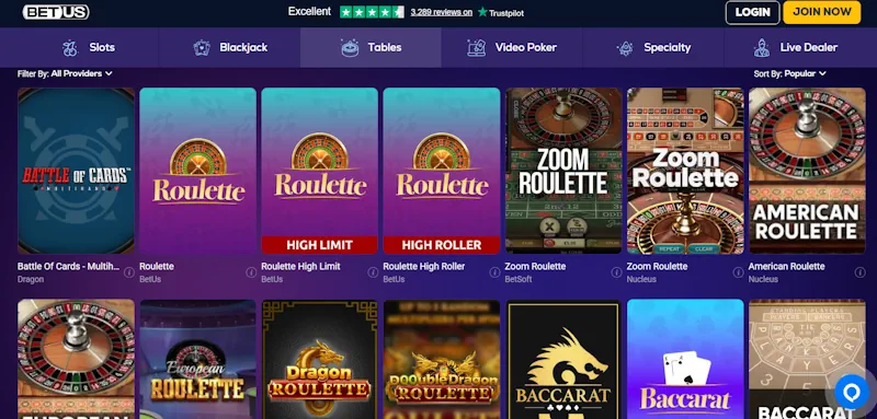 BetUS Casino Table screenshot