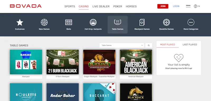 bovada Casino Table screenshot