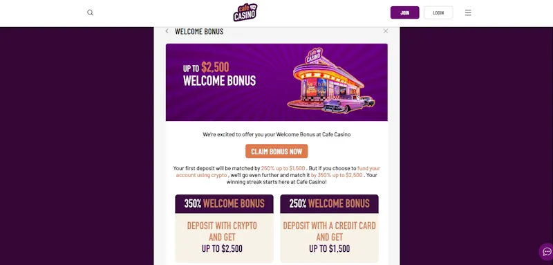 Cafe Casino Welcome Bonus screenshot