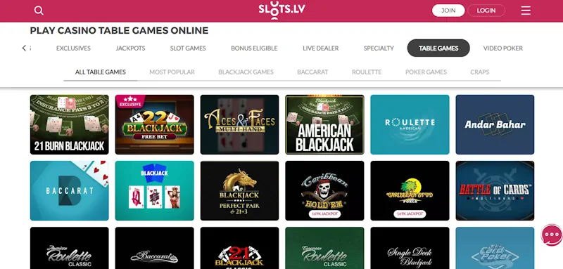 Slots.lv Casino Table screenshot